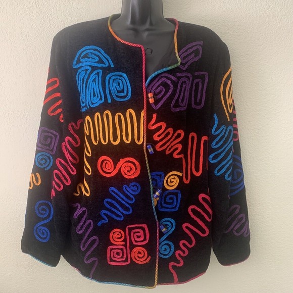 Vintage ALEX KIM Wearable Art Black Jacket Blazer Glass Toggle Buttons Size M - Picture 8 of 11